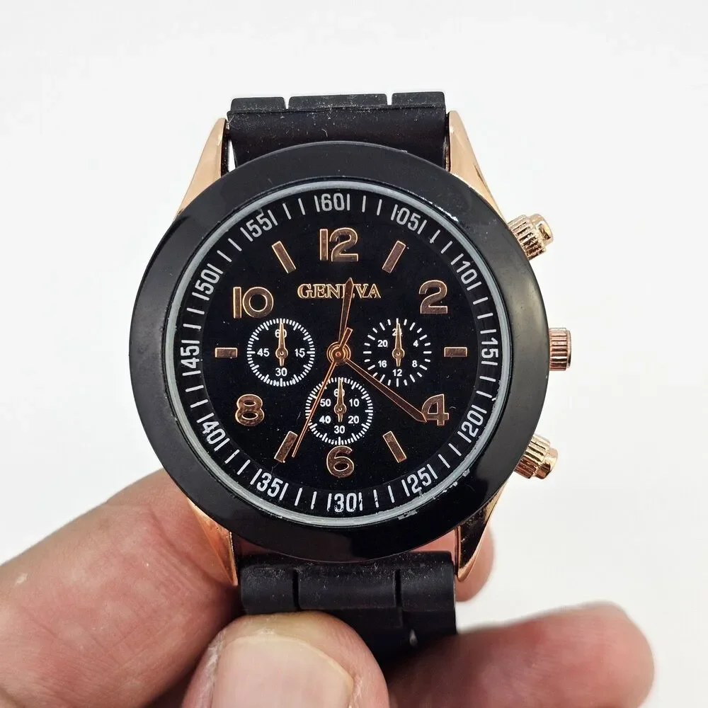 38MM Women's Watch Analog 38MM Black Dial Gold Case Black Plastic Bands New Batt